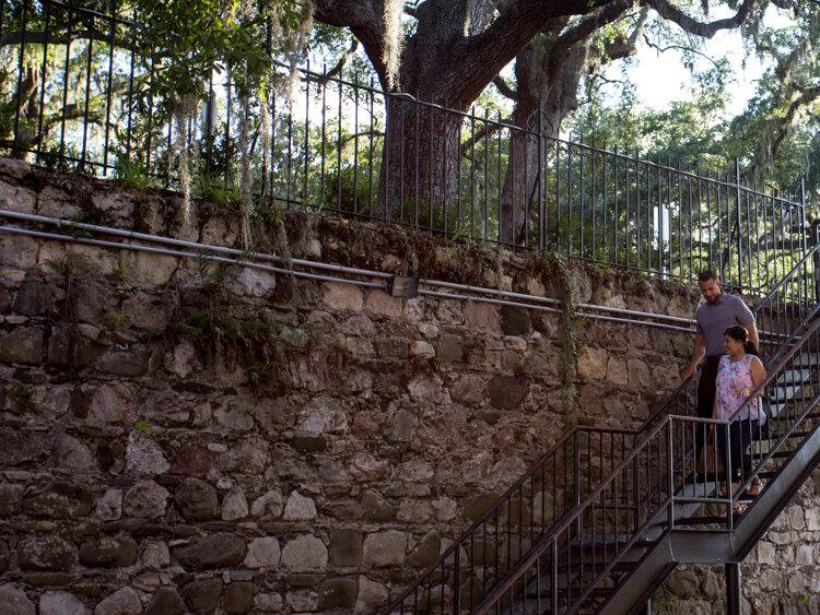 Ballast-stone steps and brick walls near Factors Walk