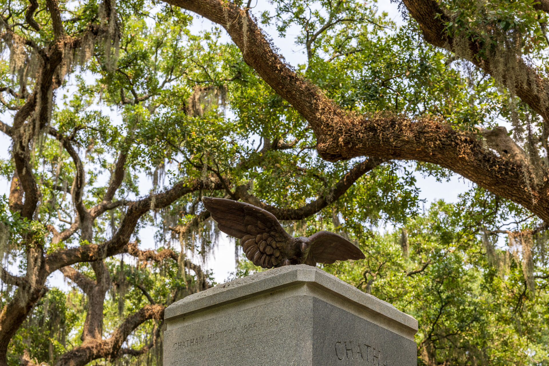 Eagle monument beneath the live oaks in Emmet Park, Savannah