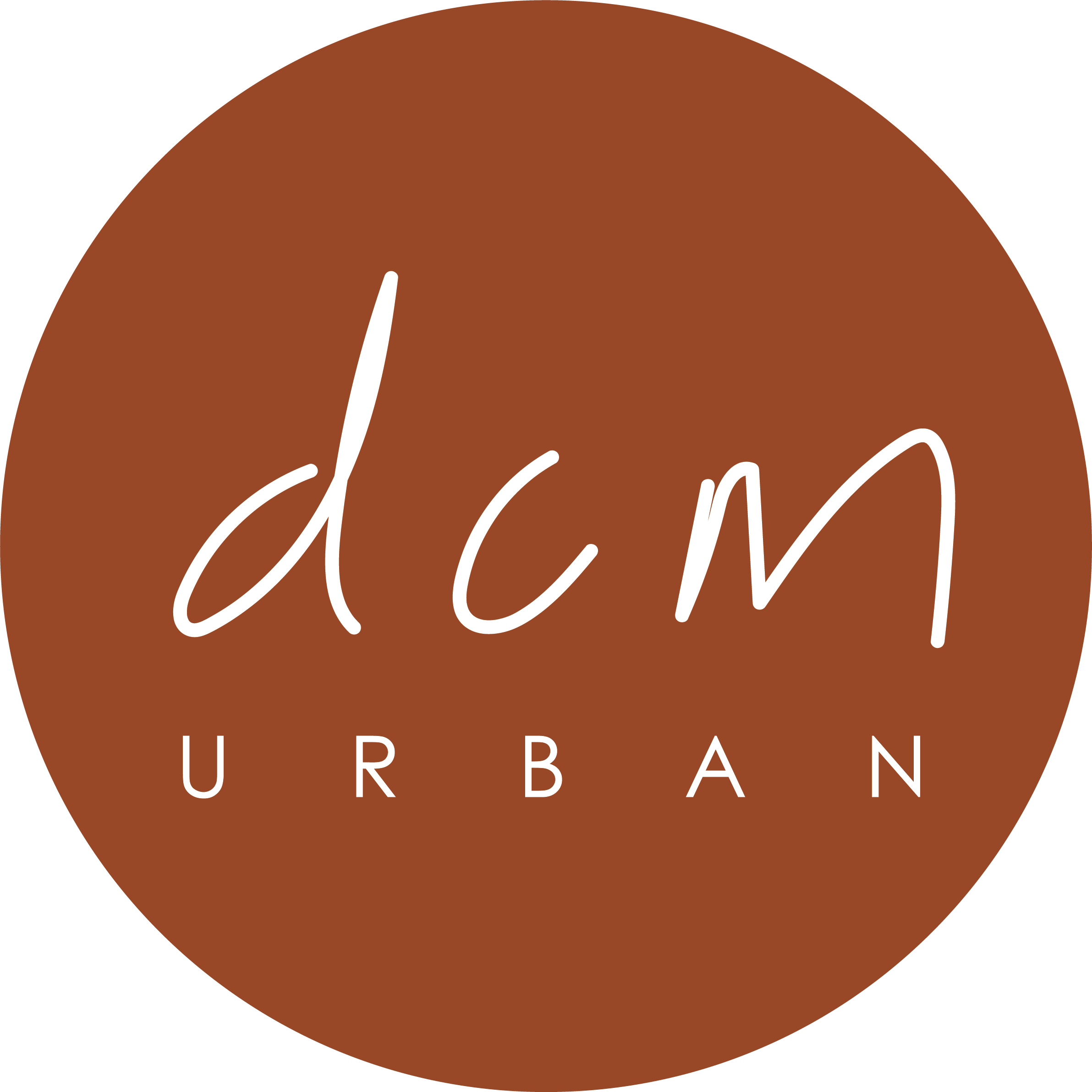 Logo with stylized white letters 'dcm' above spaced letters 'URBAN' on a rust-colored circle background.