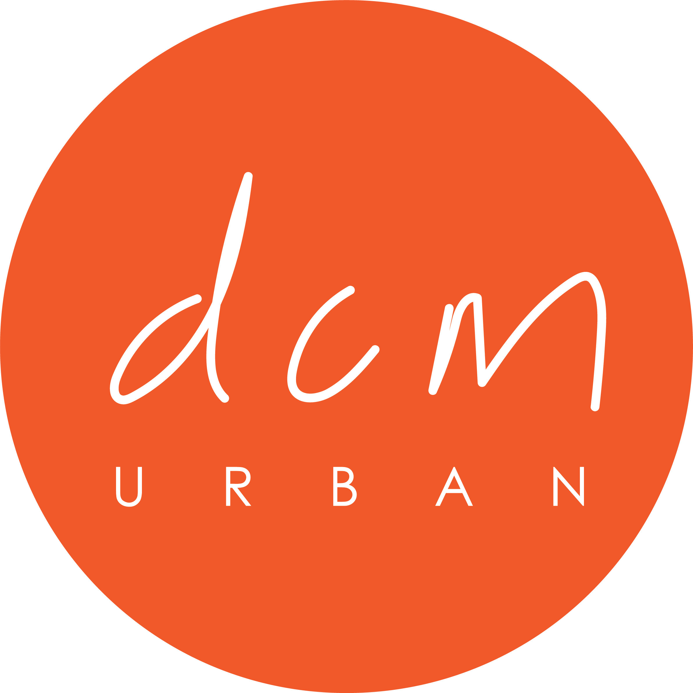 White lowercase letters 'dcm' with uppercase 'URBAN' below on an orange circular background.