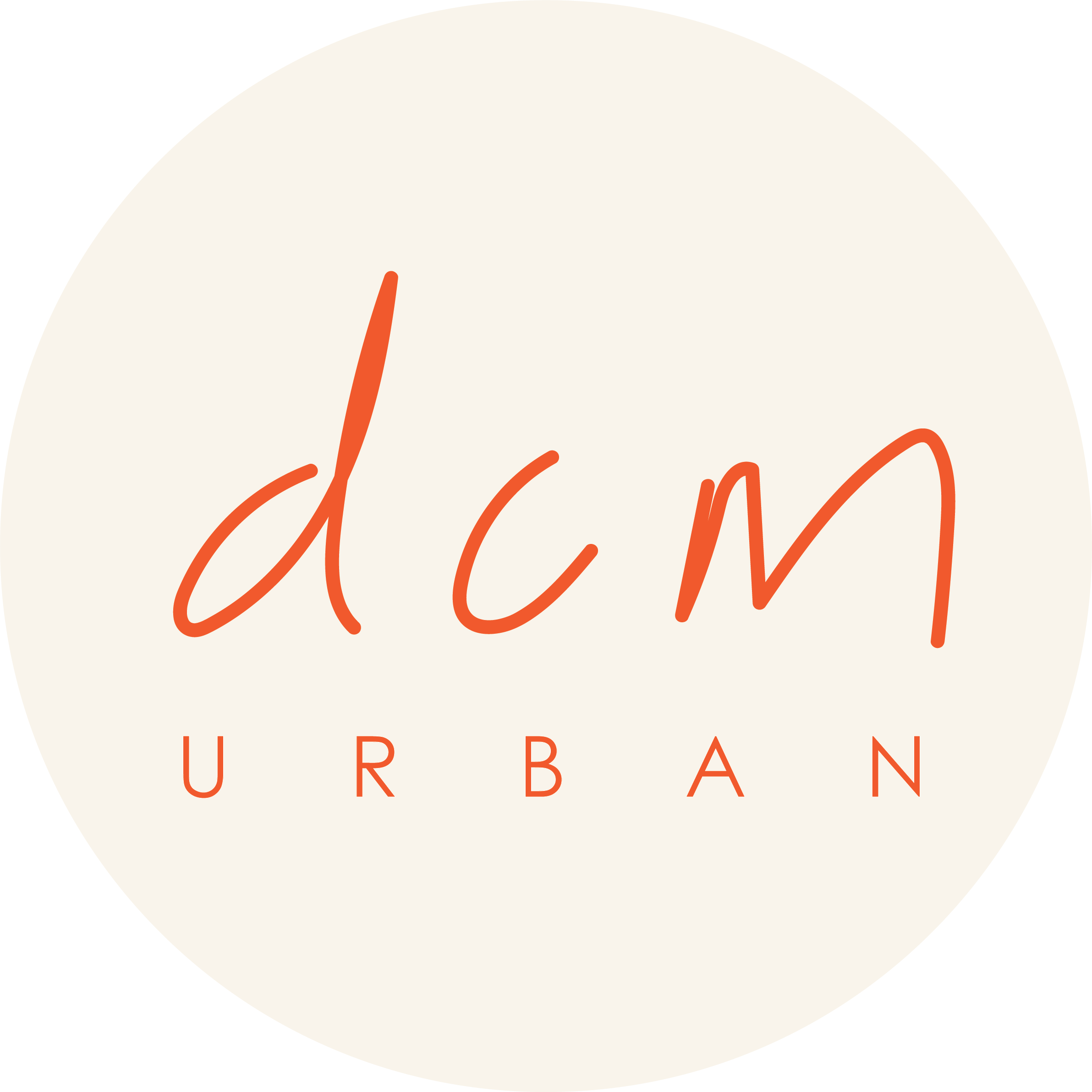 Logo with handwritten letters 'dcm' in orange and the word 'URBAN' below on off-white circle.