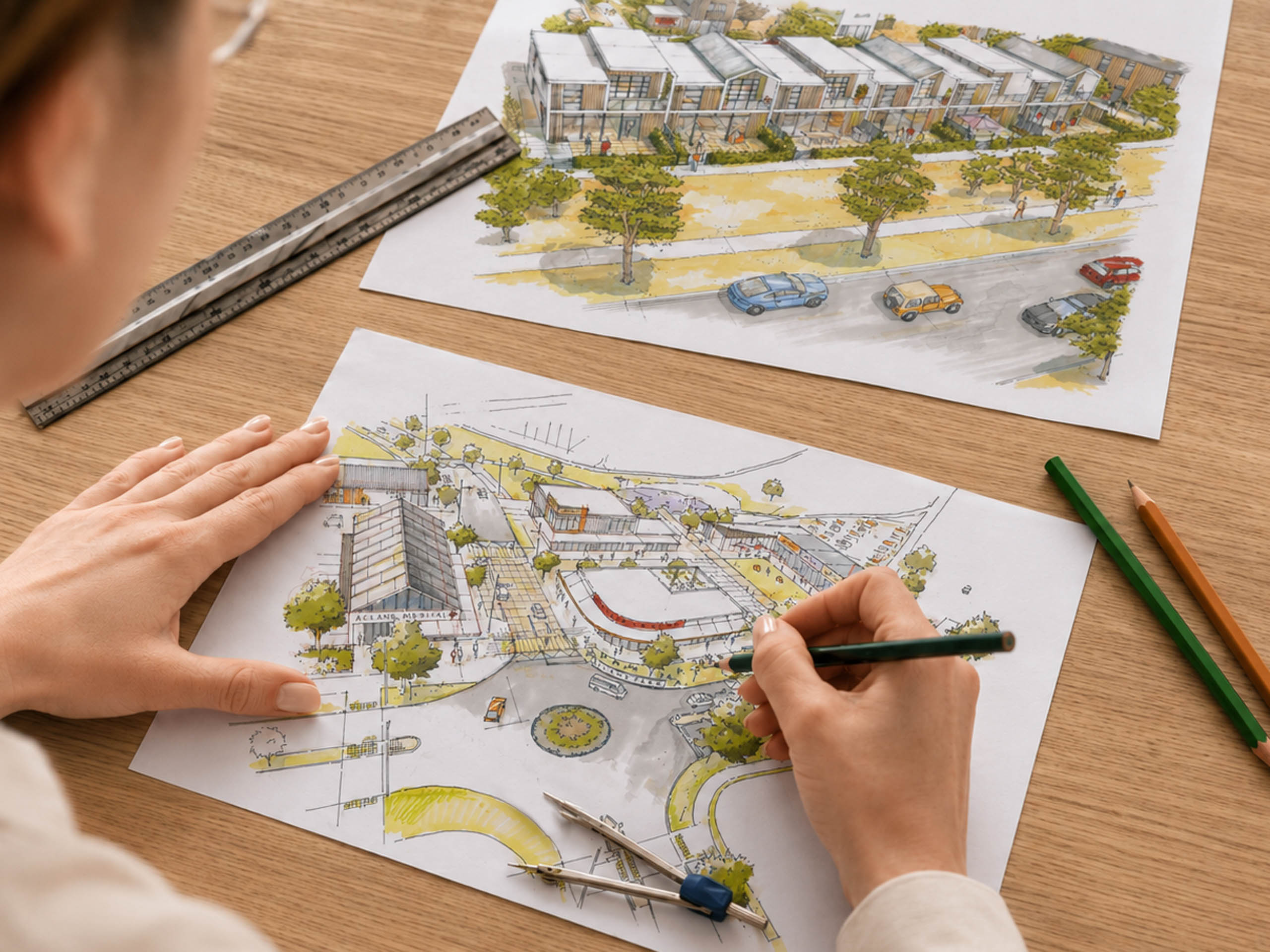 Person hand sketching Acland park urban design plan