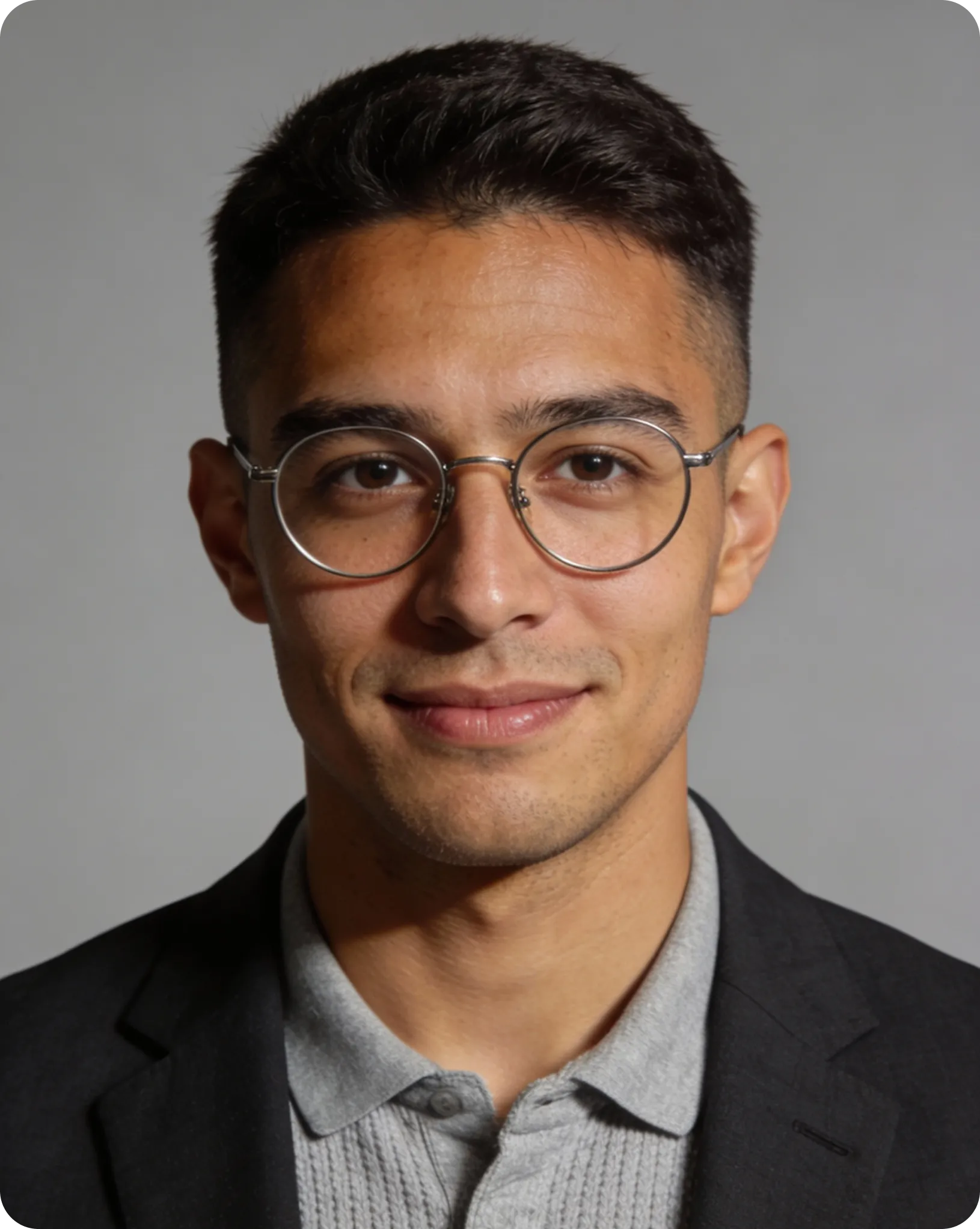 Young man with short dark hair and round glasses, wearing a gray collared shirt and dark blazer, smiling slightly against a plain gray background.