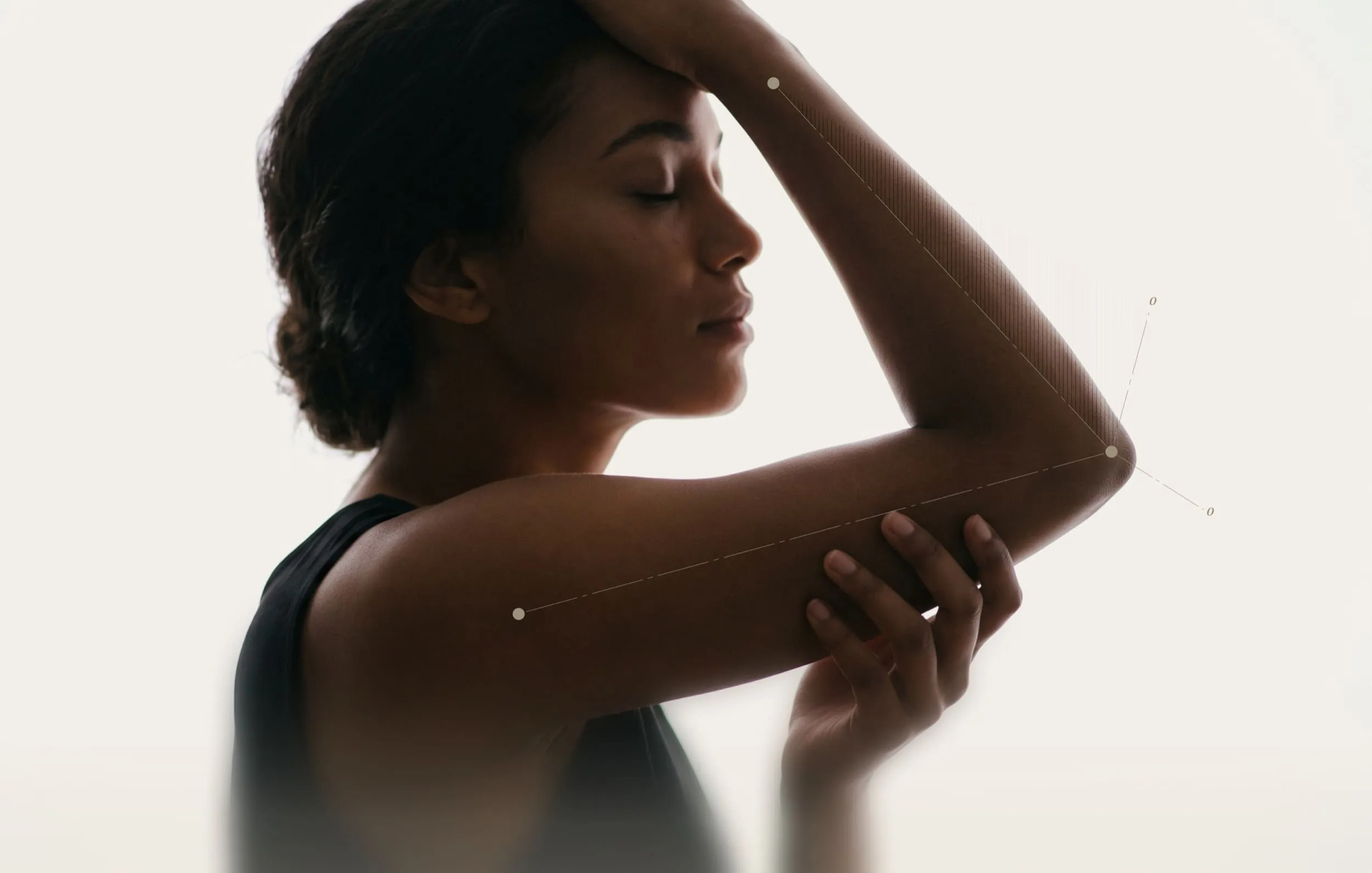 Person touching forehead showing upward elbow joint flexion