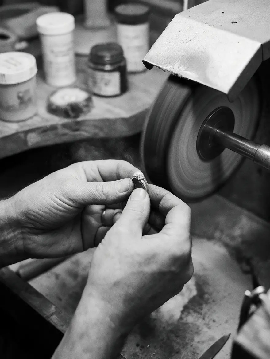 Craftsman hands polishing a ring in the Enton Jewel workshop