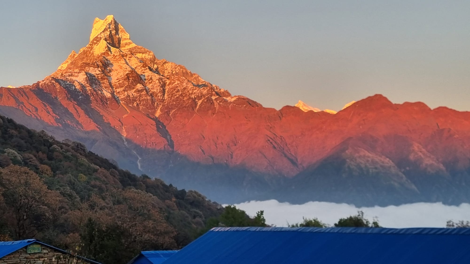 Trekkers on the Mardi Himal trail with views of Machhapuchhre