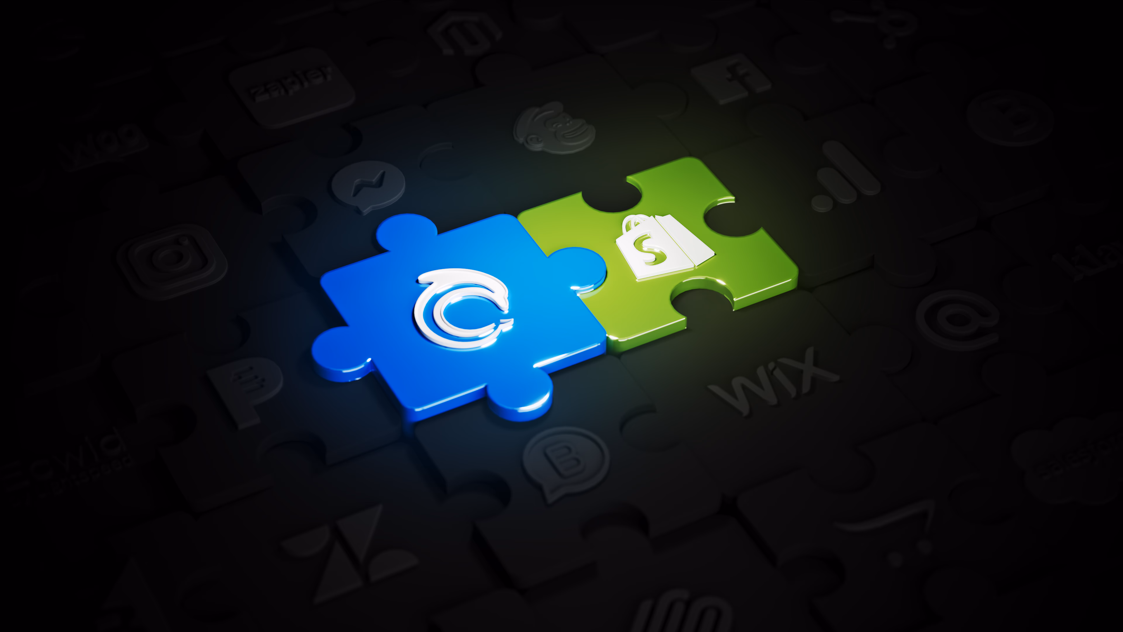 AskDolphin and Shopify joined as two puzzle pieces, lit among a wall of other integration logos