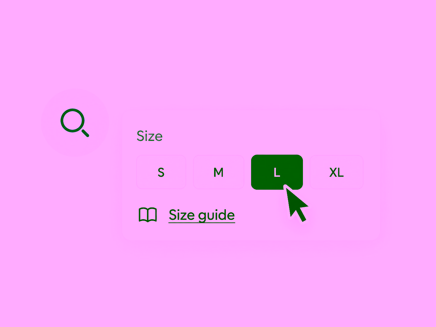 Size picker with L selected and the cursor near the Size guide link