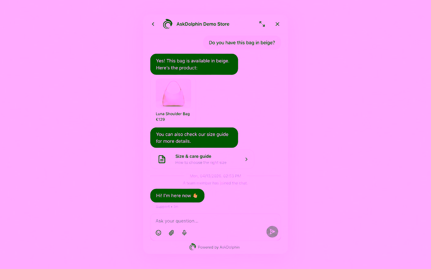 A chat widget answering a colour question with a product card and size guide, then a team member joining the conversation.