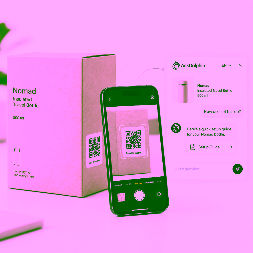 A phone scanning the QR code on a travel bottle's box, opening a chat that answers how to set the bottle up.