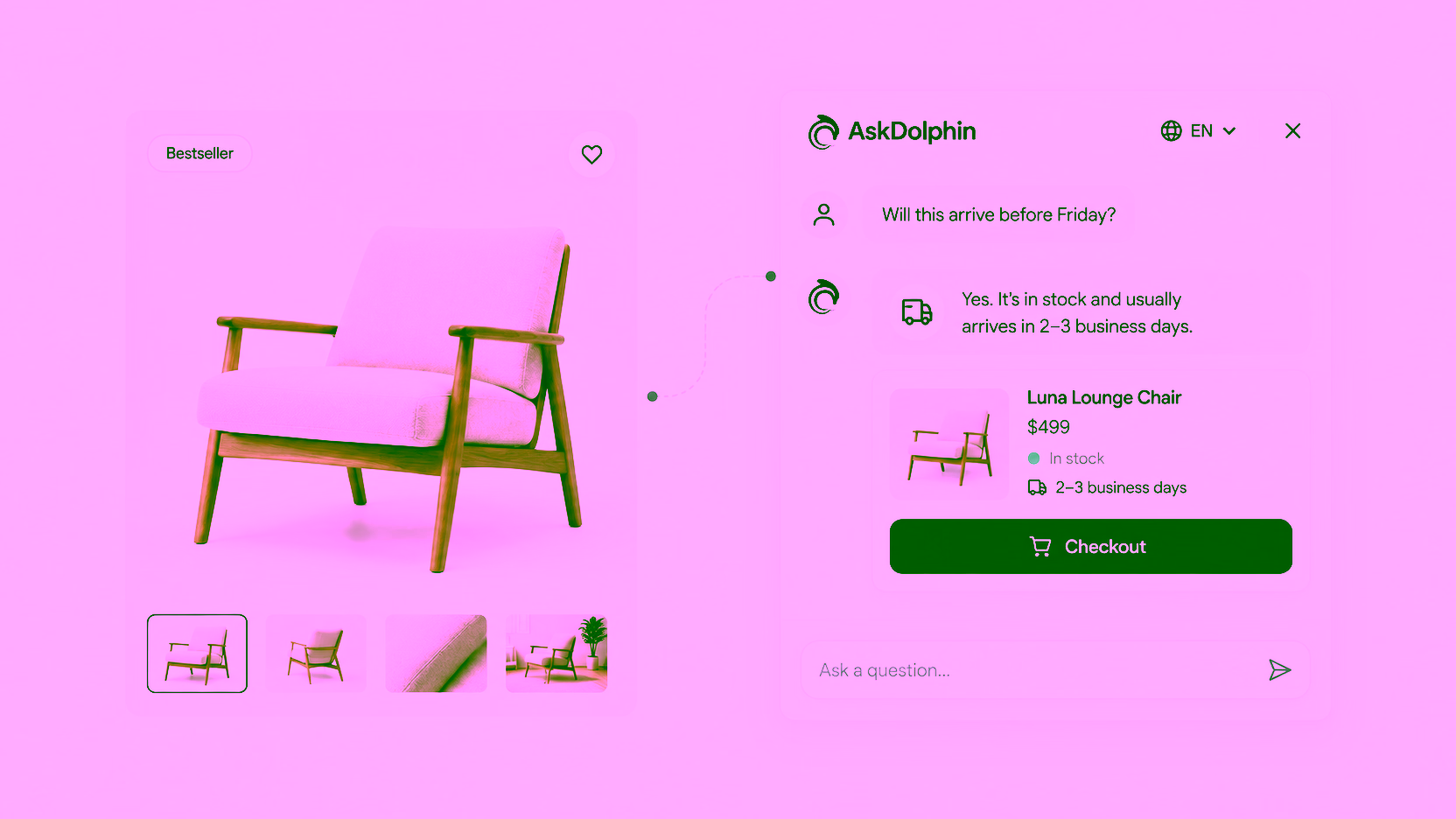 A lounge chair product page beside a chat that confirms delivery timing and offers the chair with a Checkout button.