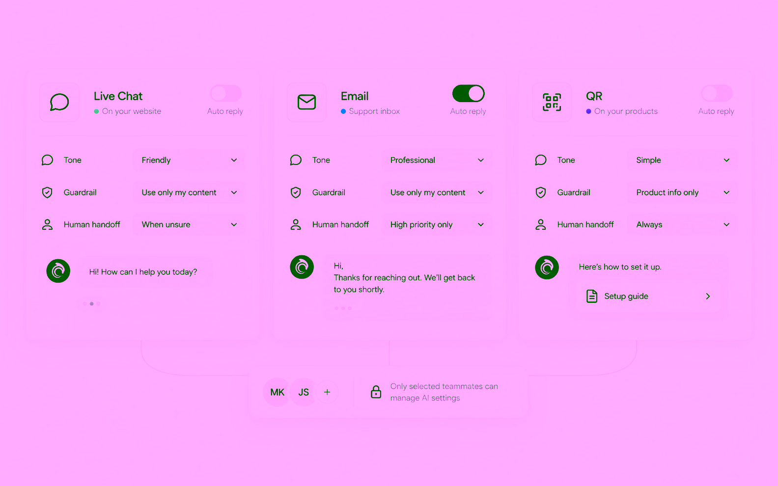Separate Live Chat, Email and QR settings for auto reply, tone, guardrail and handoff, with AI access for chosen teammates.