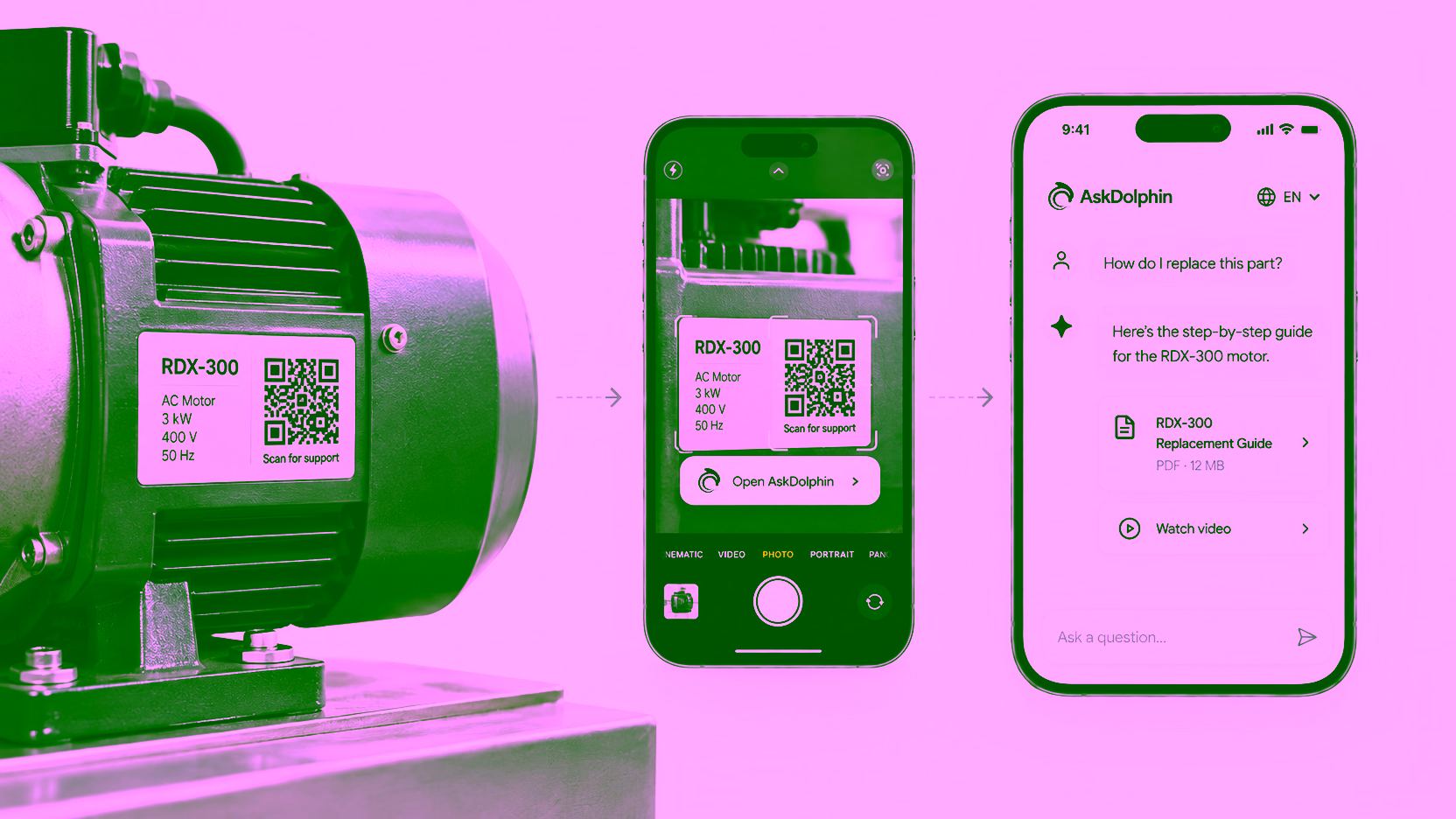 A QR label on an electric motor, scanned by a phone that opens a chat offering a replacement guide and a video for the part.