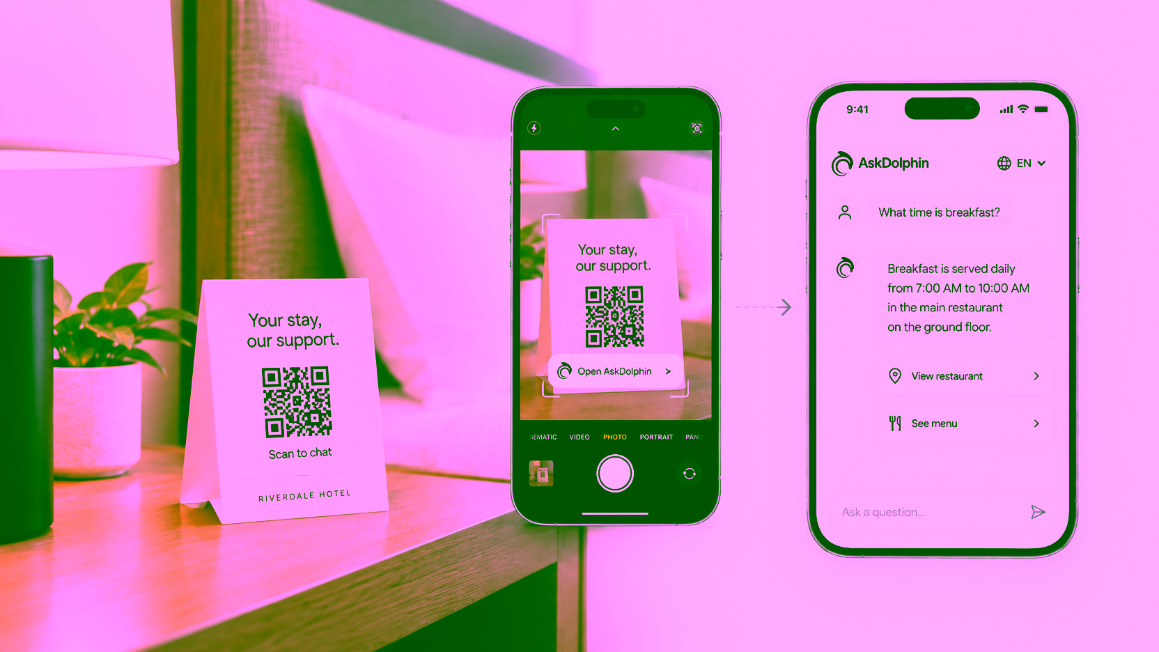 A QR card on a hotel bedside table, scanned by a phone that opens a chat answering what time breakfast is served.