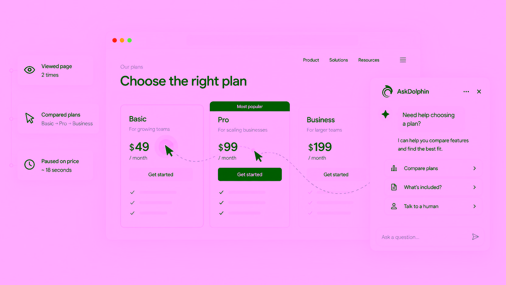 A visitor viewing and comparing plans on a pricing page, pausing on a price, as a chat opens offering to help choose a plan.