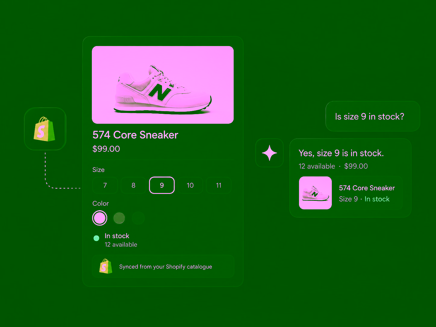 A trainer's record synced from a Shopify catalogue, with sizes, colours and stock, answering whether size 9 is in stock.