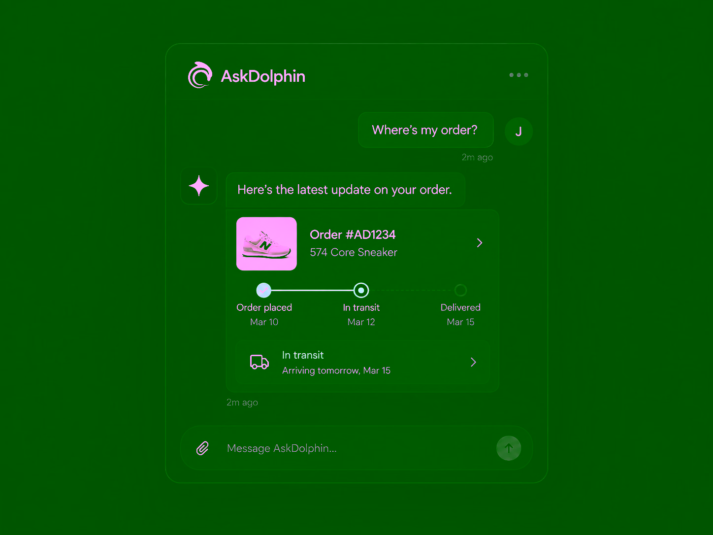A chat answering a customer's order question with a tracking card that shows placed, in transit and arriving tomorrow.