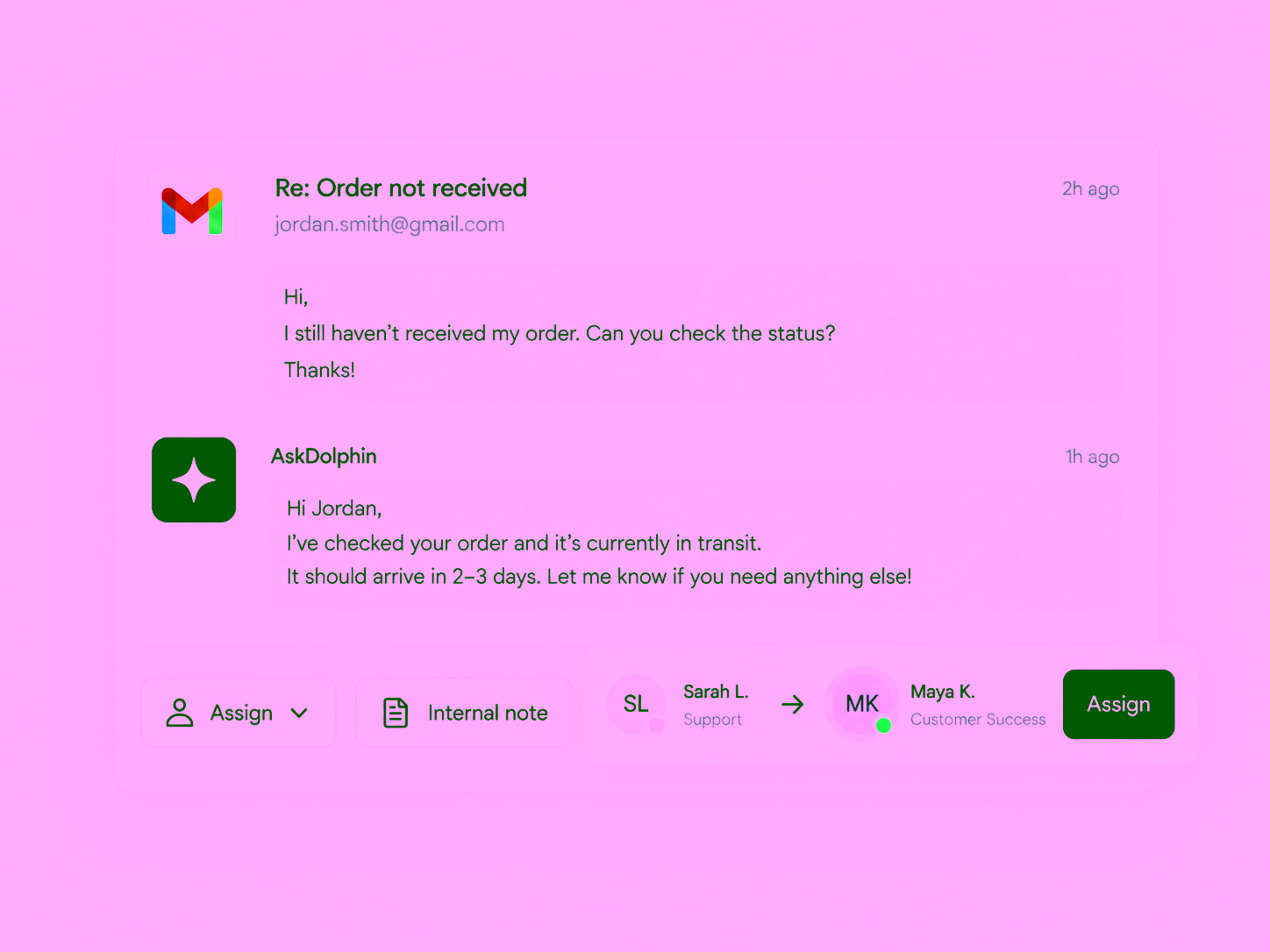 An email about a missing order, answered in the inbox and reassigned from support to customer success without forwarding.