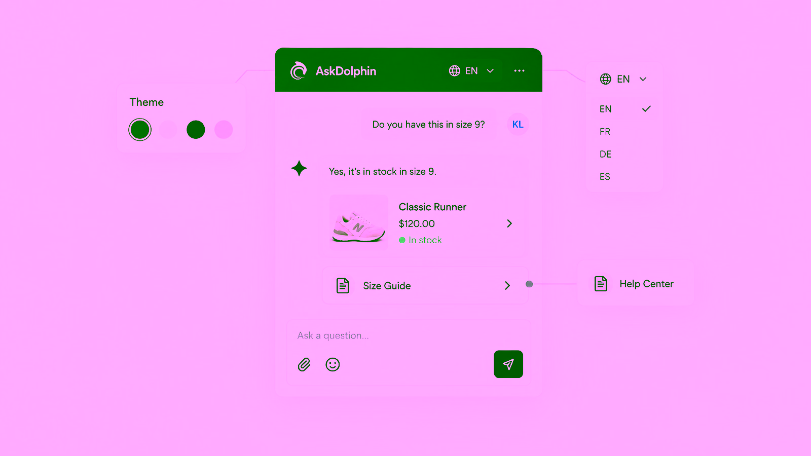 A chat widget in the store's own colours, with theme swatches, a language menu and a size guide from the Help Center.