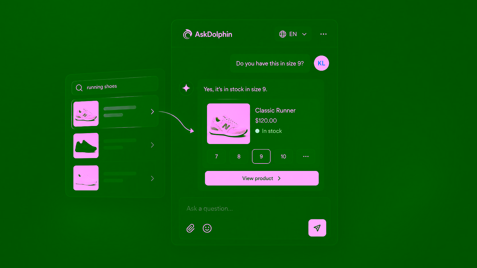 A search for running shoes beside a chat showing the chosen trainer in stock, with size options and a View product button.
