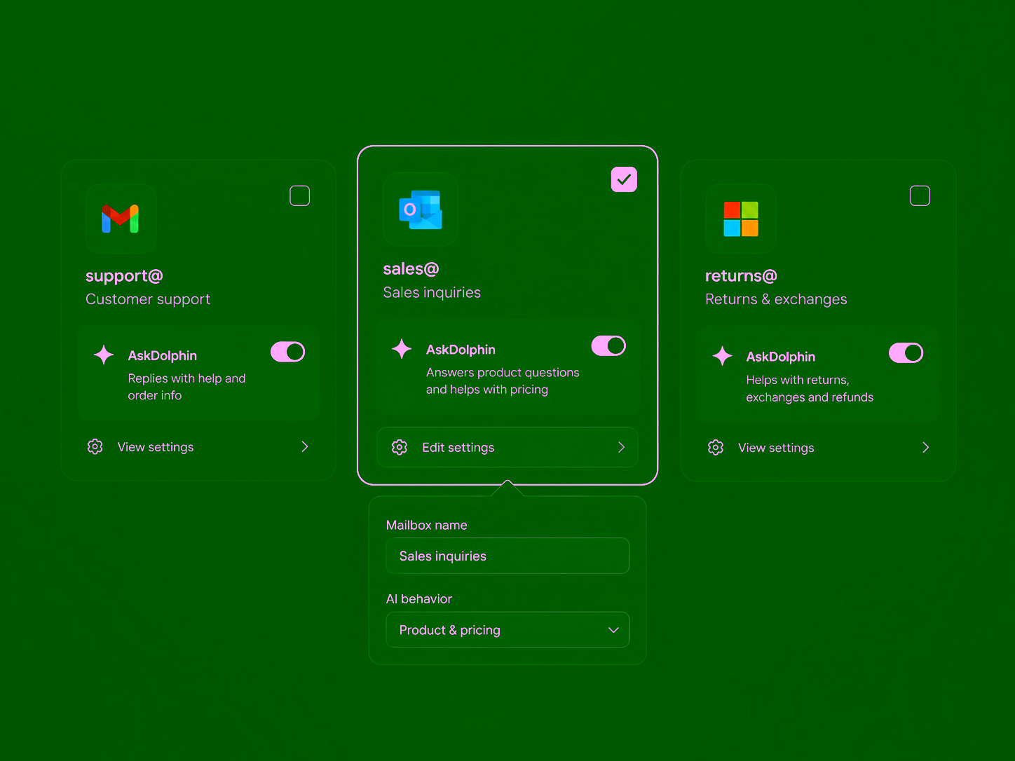 Support, sales and returns mailboxes, each with AskDolphin switched on for its own job, and the sales one being named.