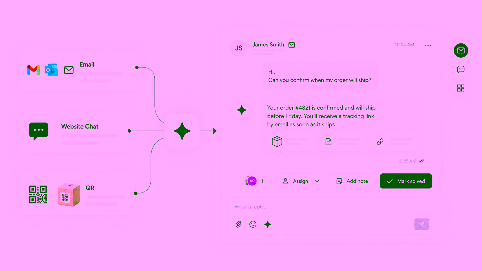 Email, website chat and QR conversations meeting in one inbox, where an order question gets an AI reply to assign or solve.
