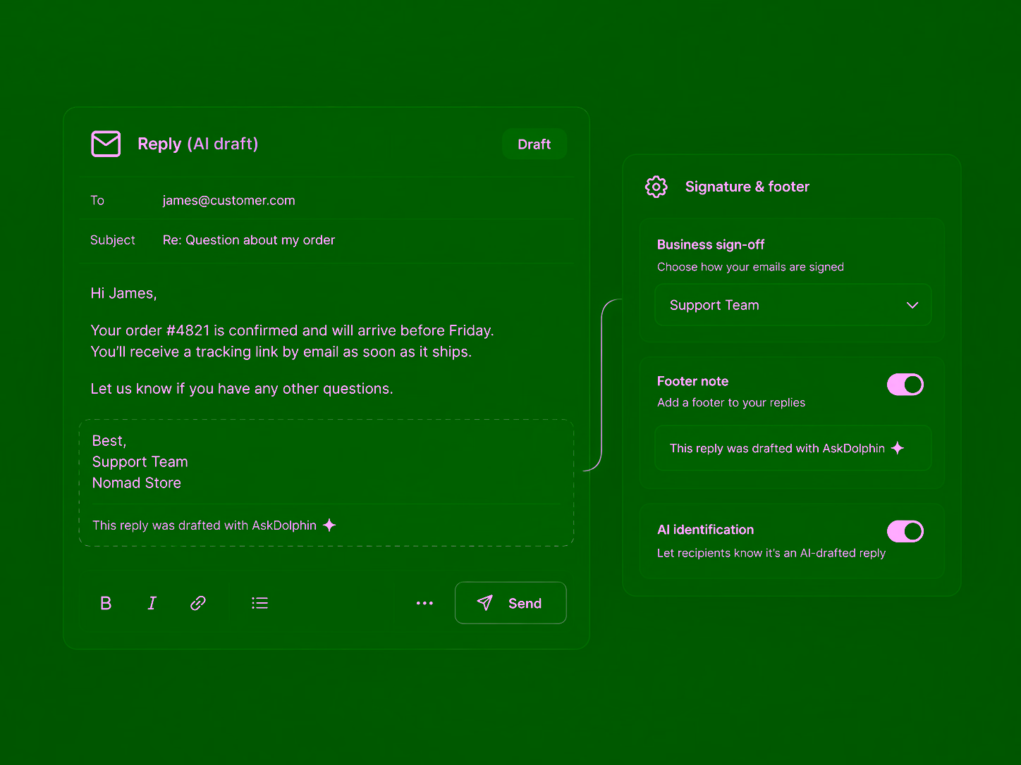An AI draft reply signed by the support team, with a footer saying it was drafted with AskDolphin, set in sign-off settings.