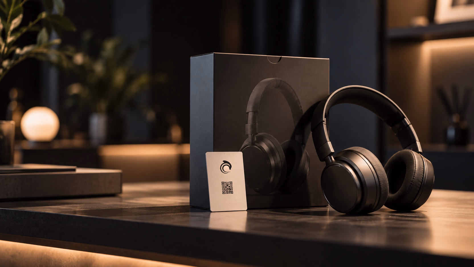 A QR card propped against a pair of headphones and their box, so the conversation starts about that one product.