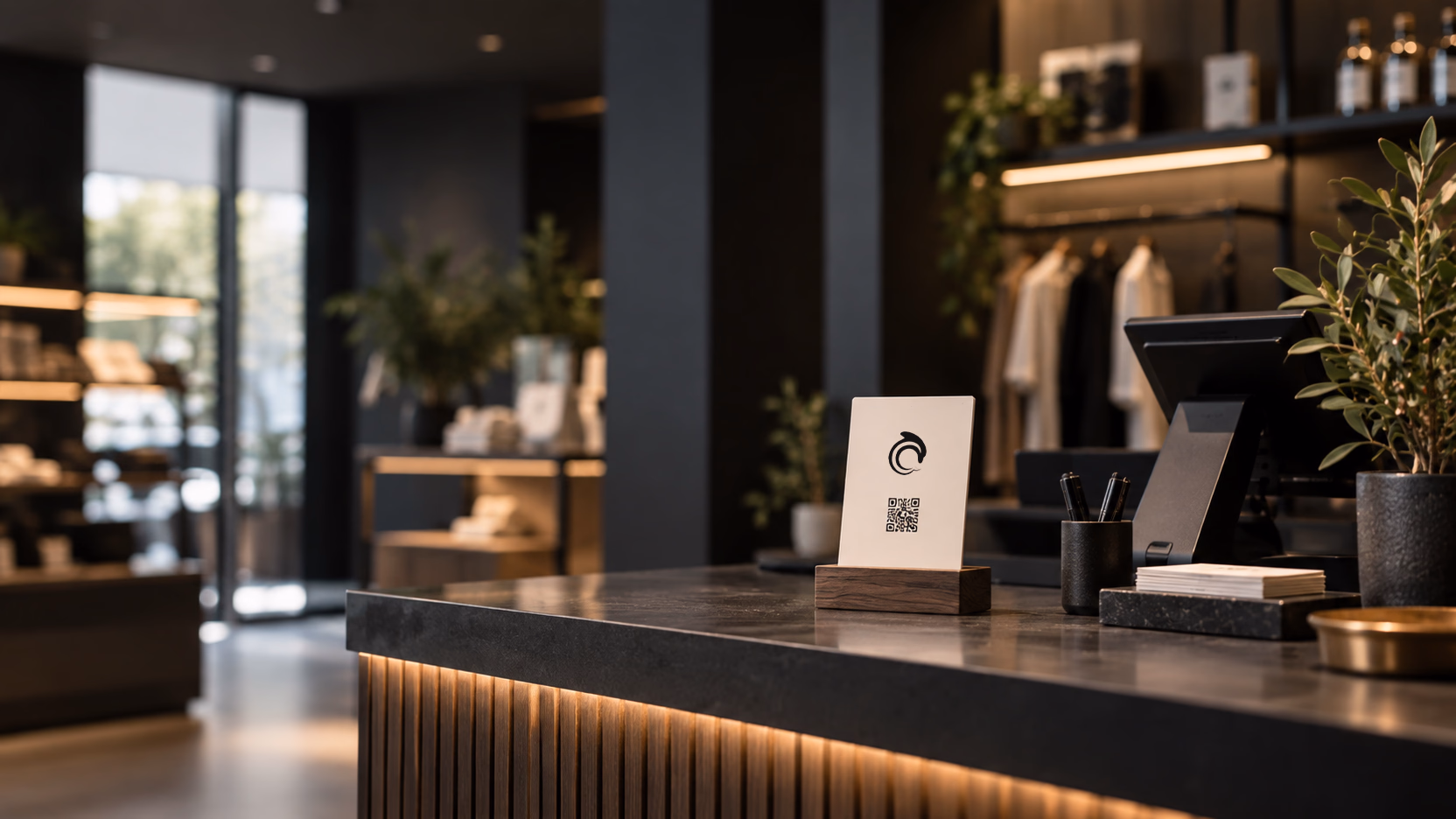 One QR card on a clothing shop's checkout counter, a single code for questions about the whole business.