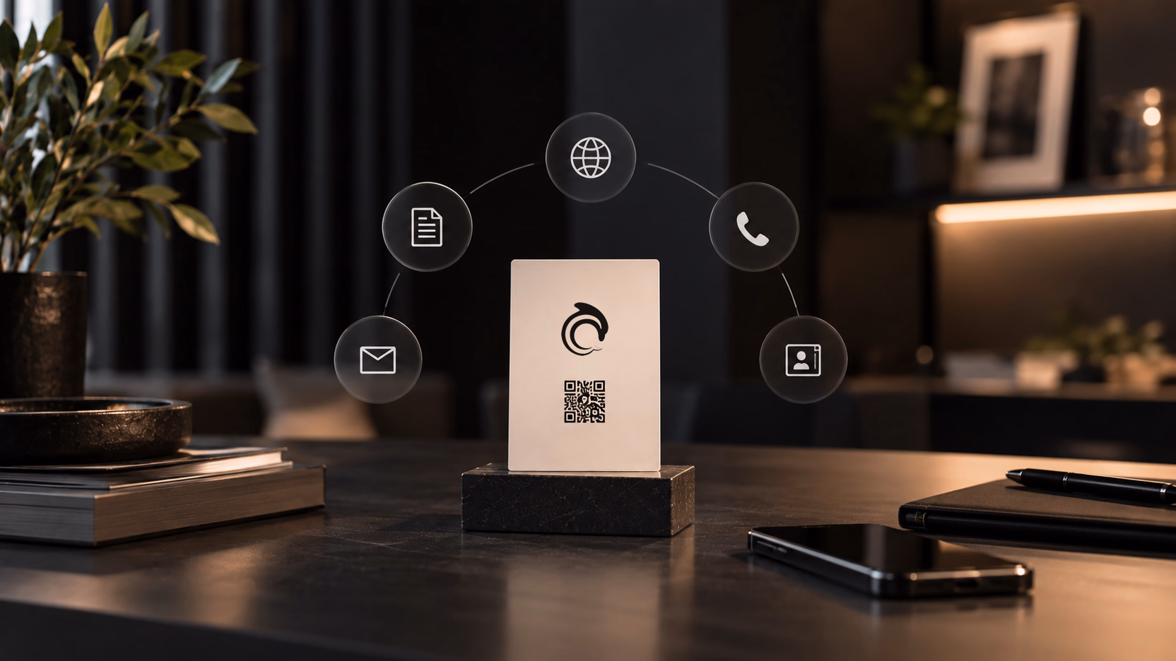 A QR card on a desk under an arc of icons for email, a document, a web page, a phone call and a contact card.