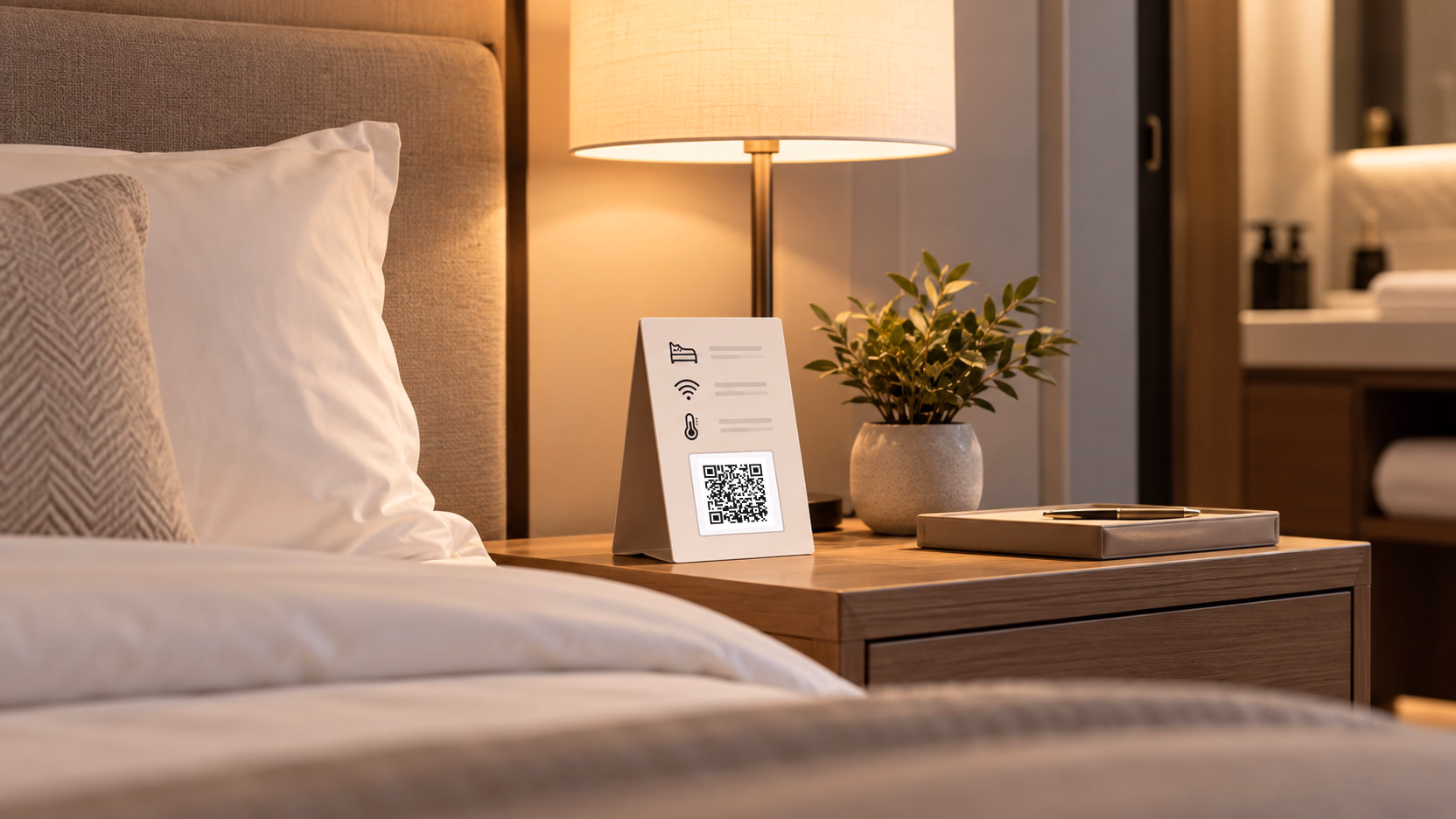 A QR card on a hotel bedside table, with icons for the bed, Wi-Fi and room temperature that guests tend to ask about.