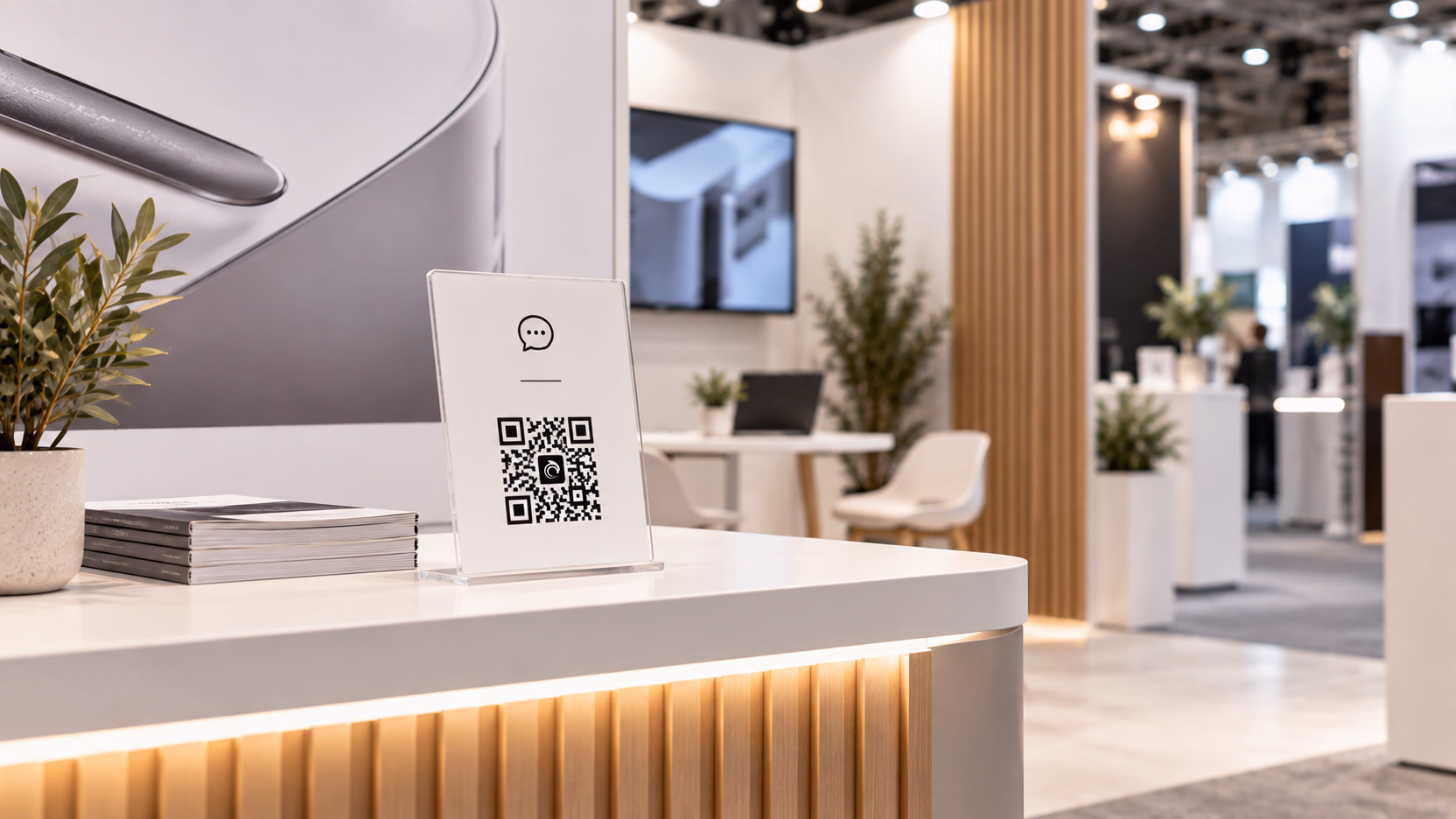 An acrylic sign with a chat icon and a QR code on an exhibition stand counter beside brochures, for visitors' questions.