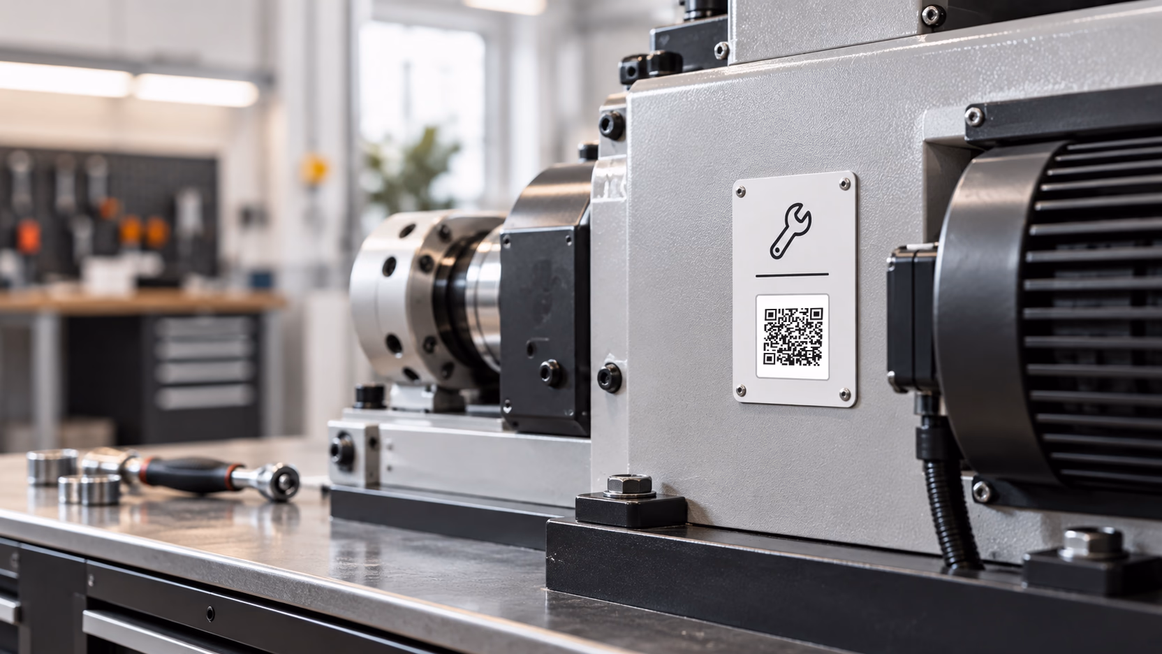 A metal plate with a spanner icon and a QR code, fixed to an industrial machine so questions are about that exact unit.