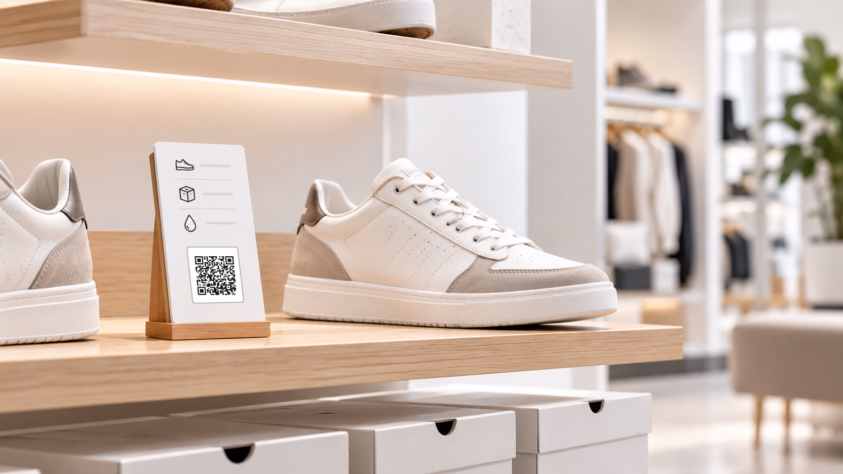 A QR stand beside white trainers on a shop shelf, with icons for the size, stock and care questions shoppers ask.