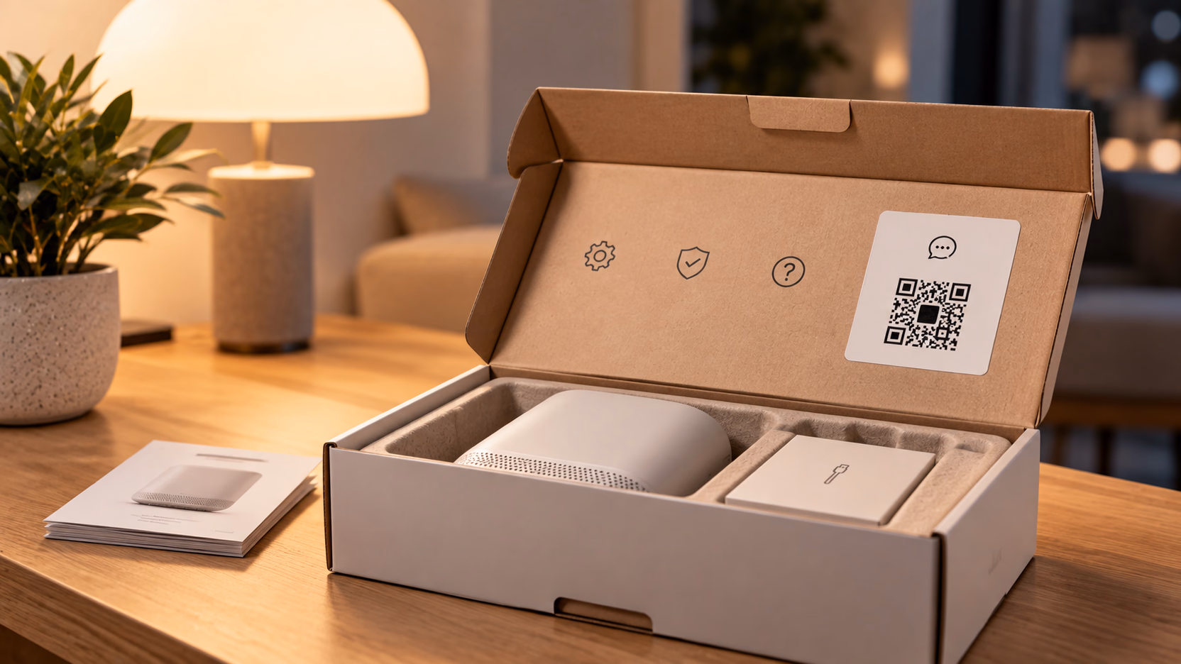 An open delivery box with a QR sticker inside the lid and icons for setup, warranty and help, next to the manual.