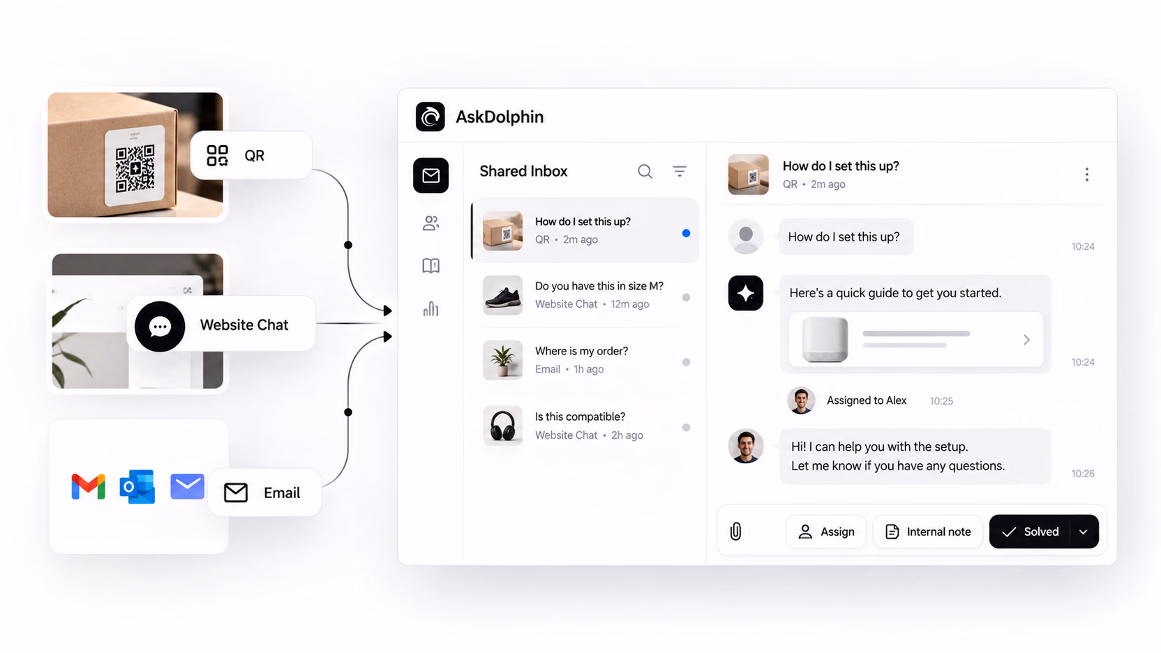 QR, website chat and email conversations arriving in one Shared Inbox, with Assign, Internal note and Solved controls.