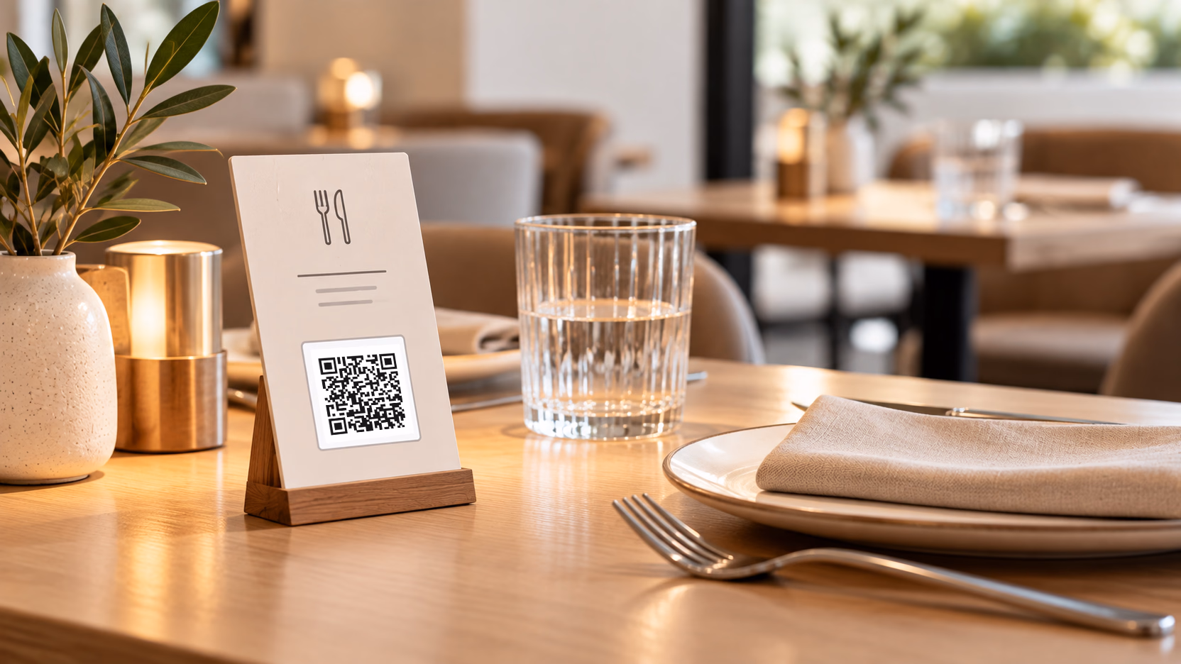 A menu card with a cutlery icon and a QR code on a laid restaurant table, where diners can scan it to ask about dishes.