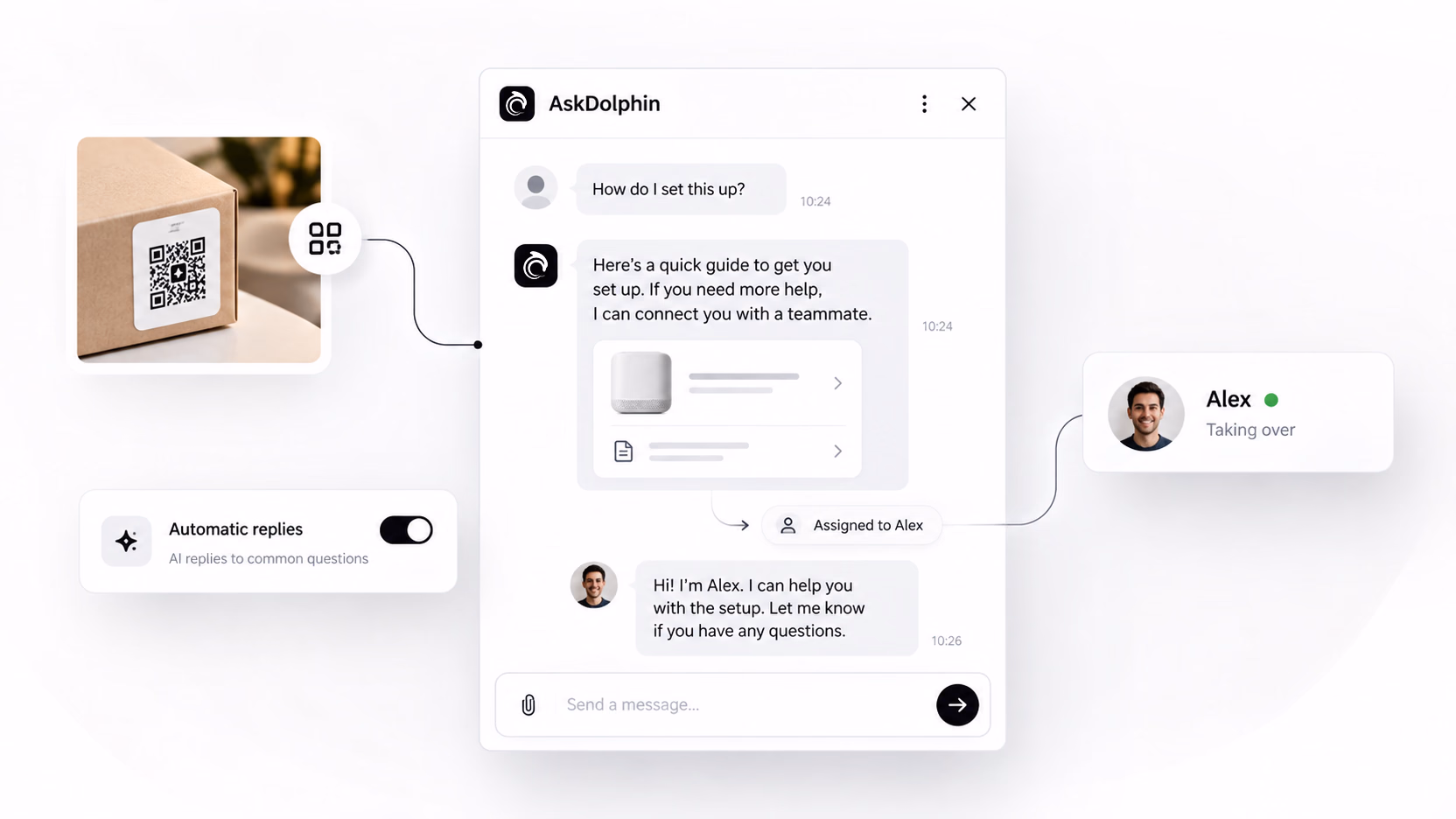 A chat from a scanned box where Dolphin AI shares a setup guide, then hands the conversation to a teammate who takes over.