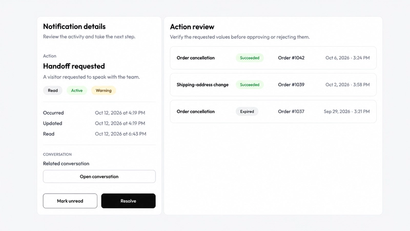 A "Handoff requested" notification in AskDolphin beside the Action review list of customer requests.