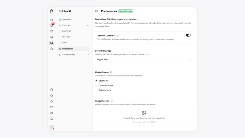 Dolphin AI Preferences in AskDolphin: the on/off switch, the default language, and the name and picture the AI uses.