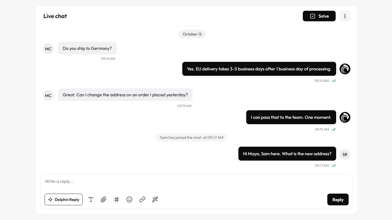 An AskDolphin conversation where Dolphin AI answers a shipping question and a team member then joins the chat.