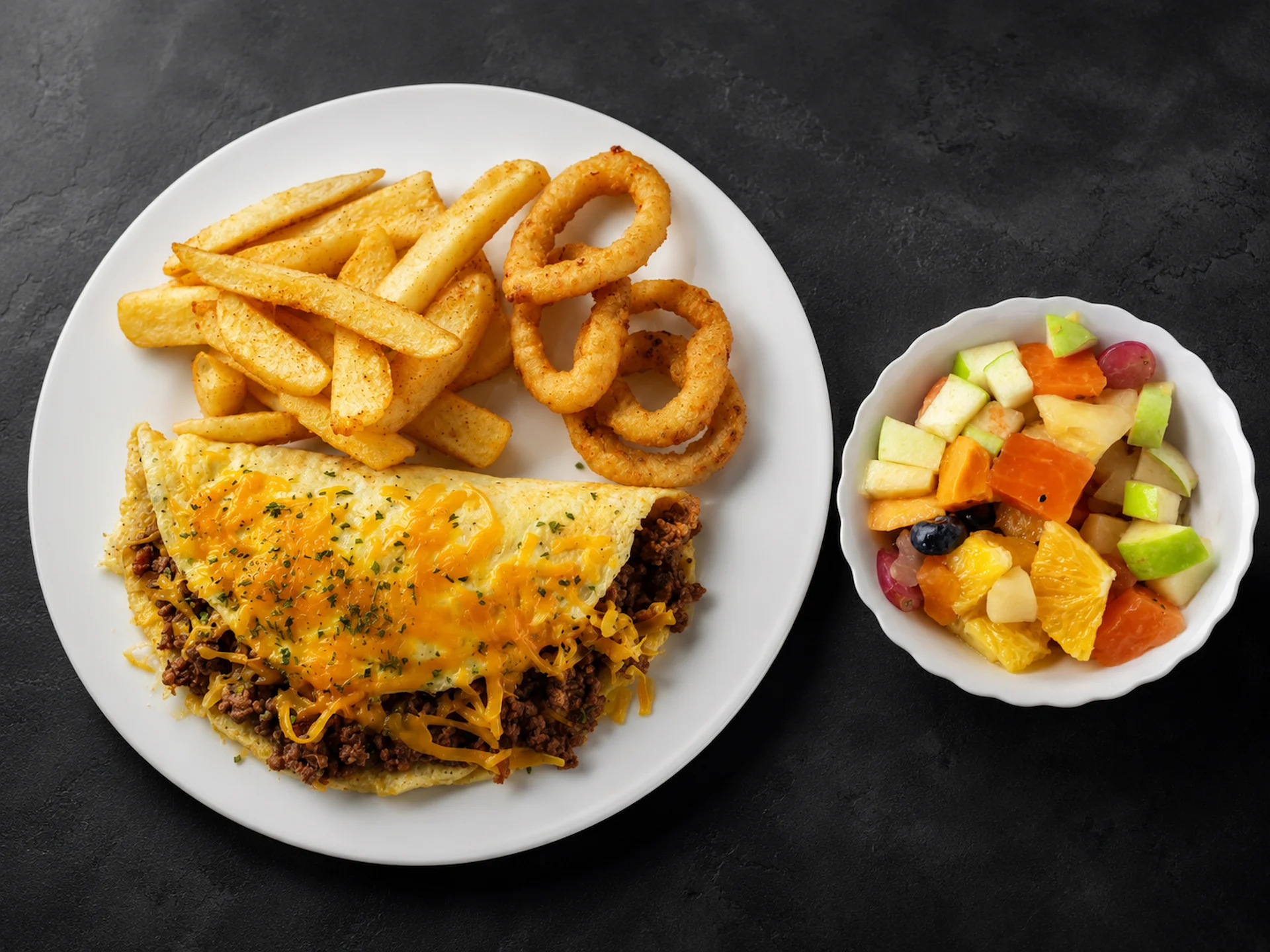 A delicious breakfast containing an omelet topped with cheese, fries, and onion rings, and a bowl of mixed fruit salad from St. Joseph's Bed and Breakfast