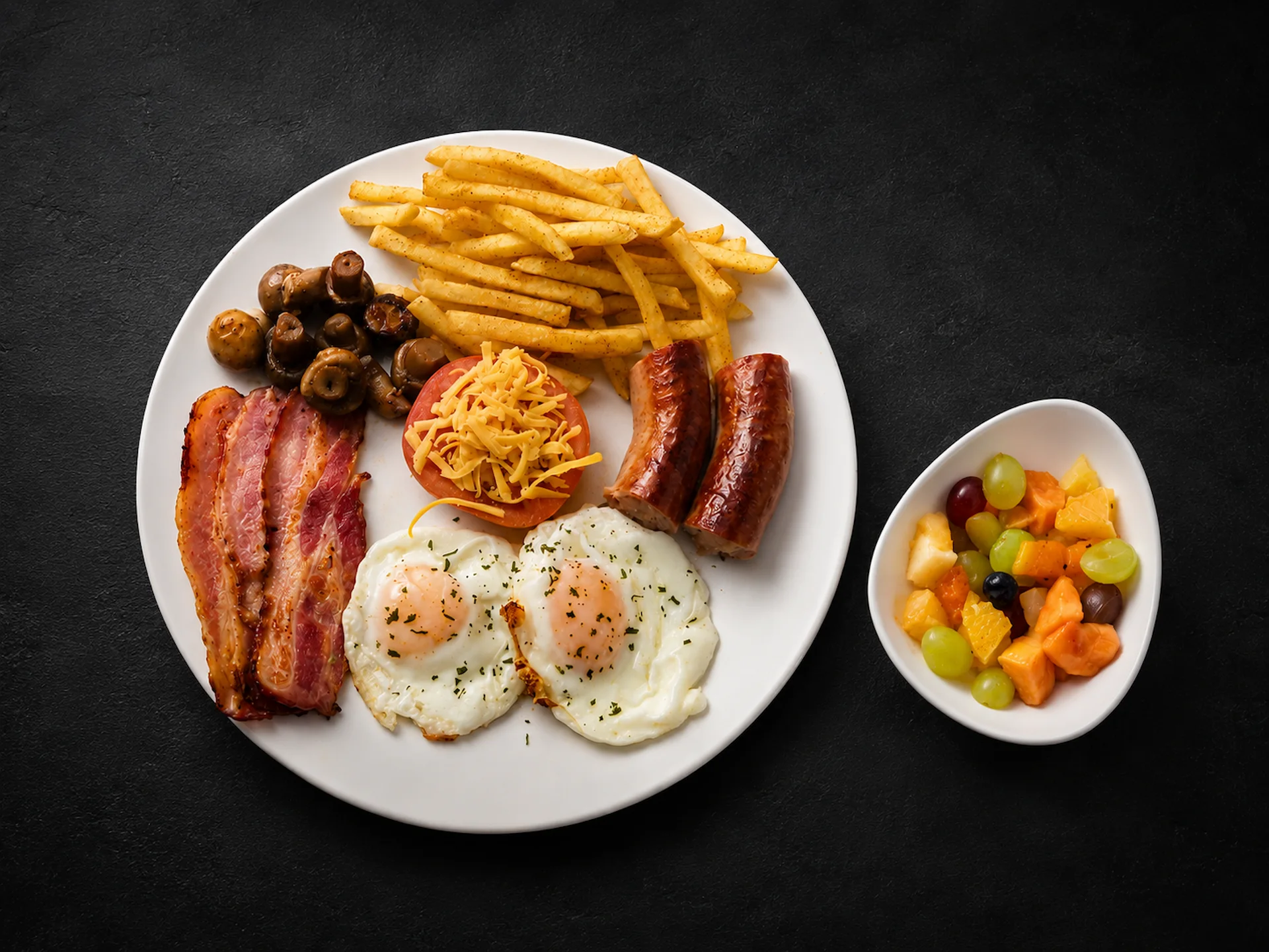 Breakfast plate with eggs, bacon, sausages, fries, mushrooms, tomato with cheese, and a bowl of mixed fruit freshly prepared at St. Joseph's B&B Klerksdorp