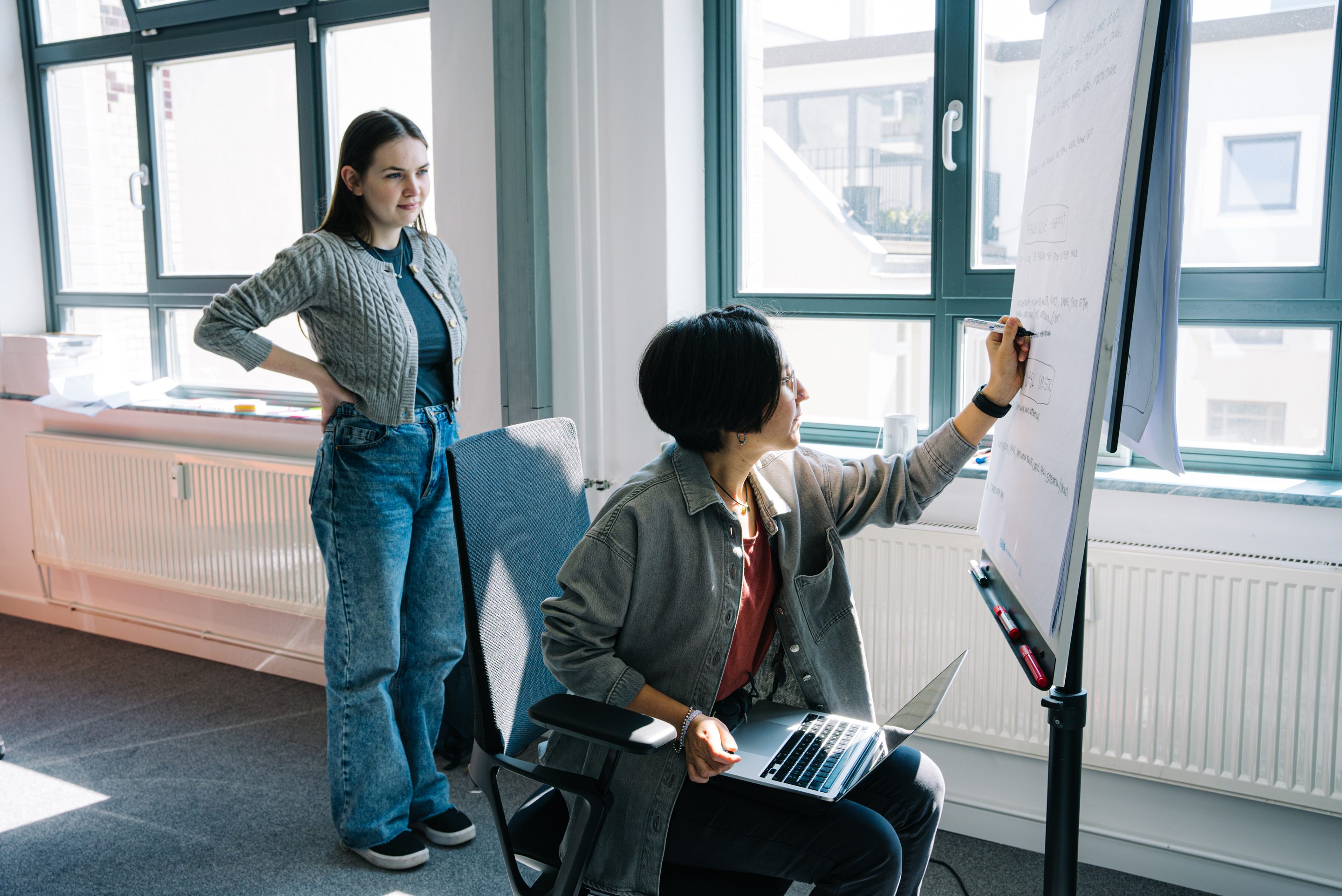 Two Emarket employees working on a concept at a flipchart
