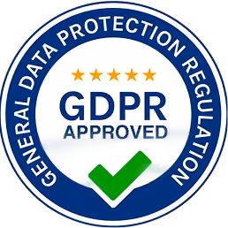 "GDPR Approved" (General Data Protection Regulation) badge in blue and white