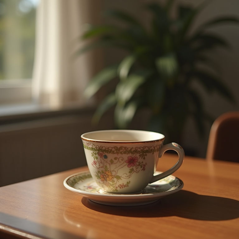 Floral-patterned teacup and saucer of dark tea on a sunlit wooden table with a houseplant behind