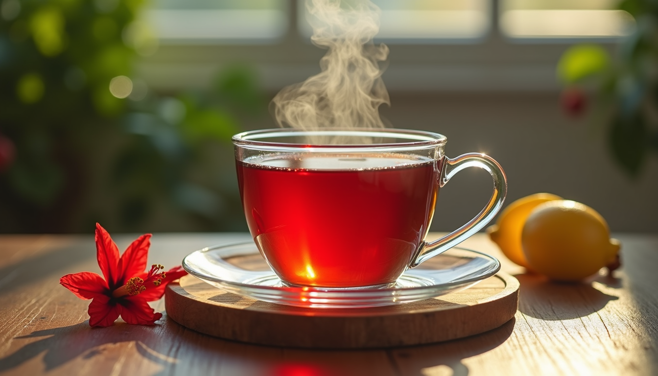 Glass cup of deep red brewed tea steaming on a wooden coaster beside a red flower and a lemon