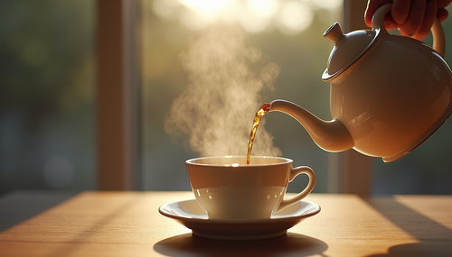 Tea poured from a cream teapot into a cup and saucer, steam rising in warm backlit window light