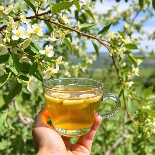 Hand holding a glass cup of golden tea with citrus slices beneath a branch of white blossom.