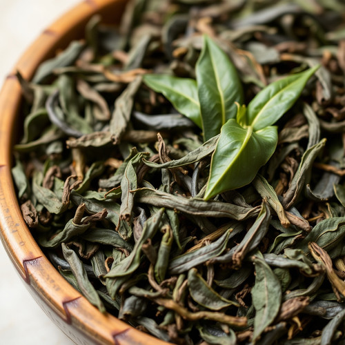 Close-up of long twisted dry oolong leaves in a bamboo bowl topped with two fresh green tea leaves
